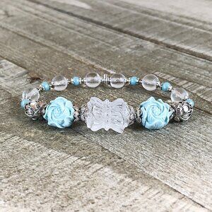 Rock Quartz Double Lotus Bracelet, Shell Powder Blue Flowers